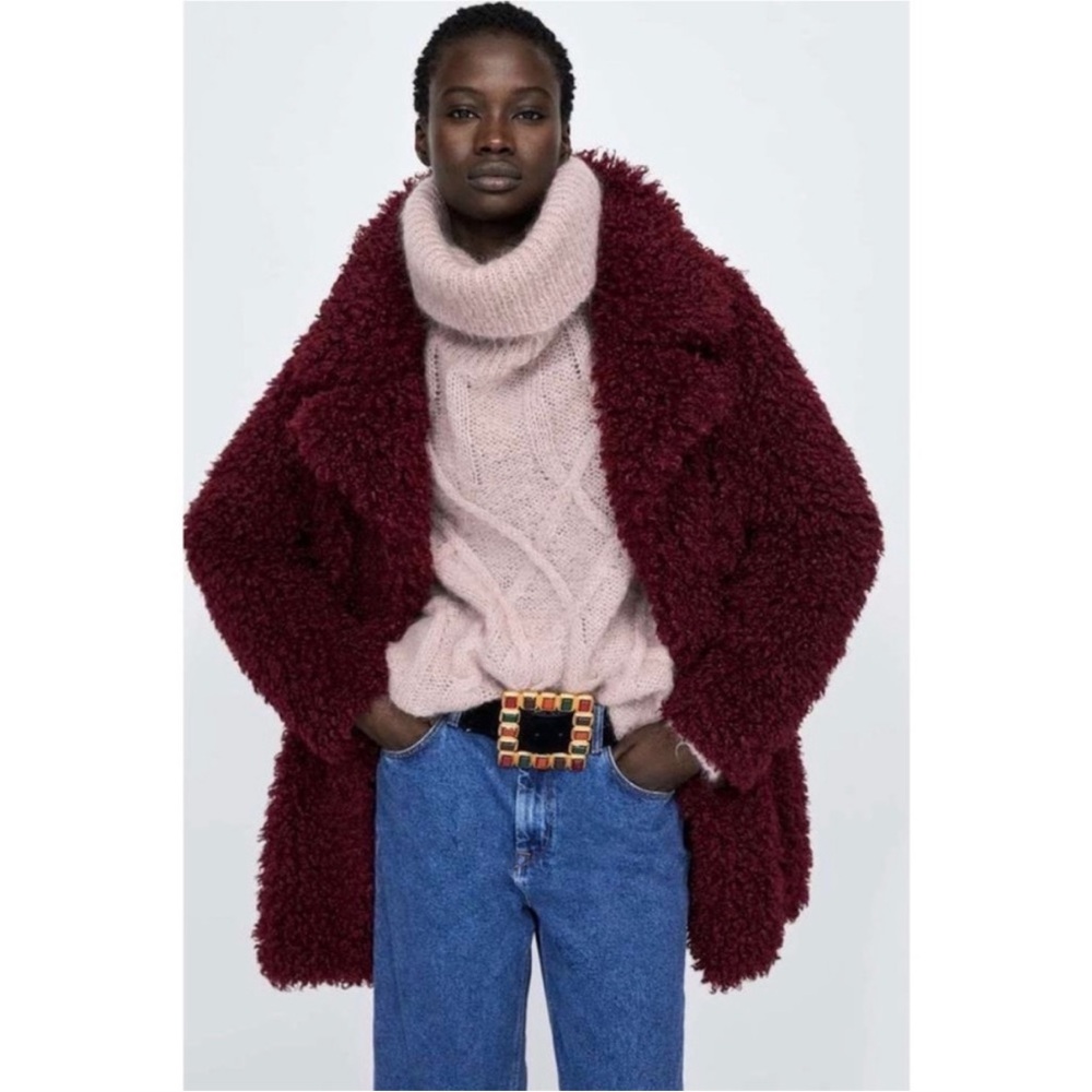 Zara Burgundy Red Sherpa Shaggy Coat size XS